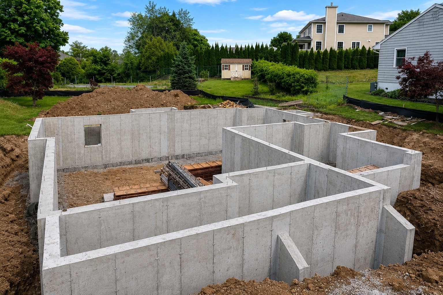 Residential concrete foundation under construction